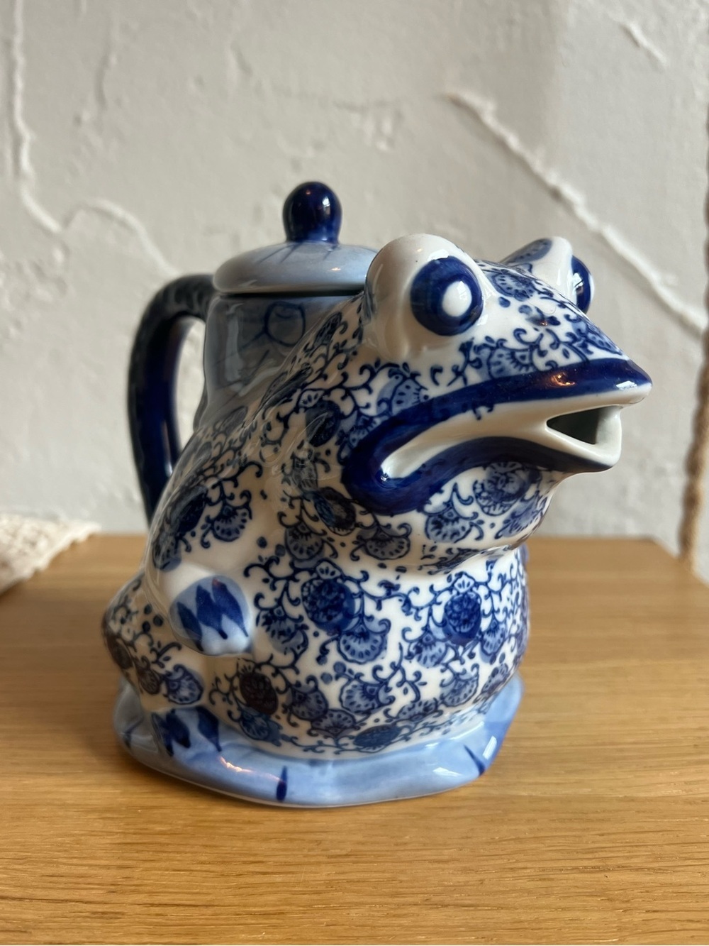 Vintage Frog Teapot Ceramic Pitcher Chinoiserie Delft Style Cottagecore Decor